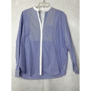 Brass White Blue Stripe Top Blouse Small Band Collar Women's Lightweight